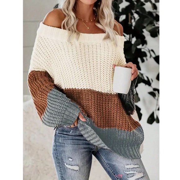 Comfy Color Block Off Shoulder Knit Sweater Top multicolor - Picture 1 of 5